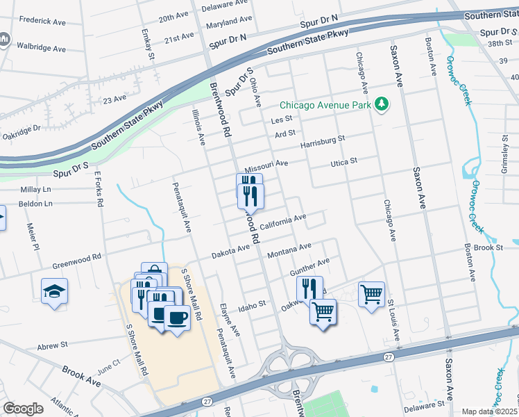 map of restaurants, bars, coffee shops, grocery stores, and more near 192 Texas Avenue in Bay Shore