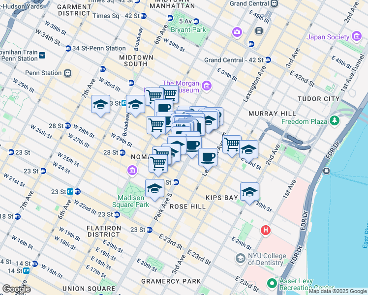 map of restaurants, bars, coffee shops, grocery stores, and more near 38 East 32nd Street in New York