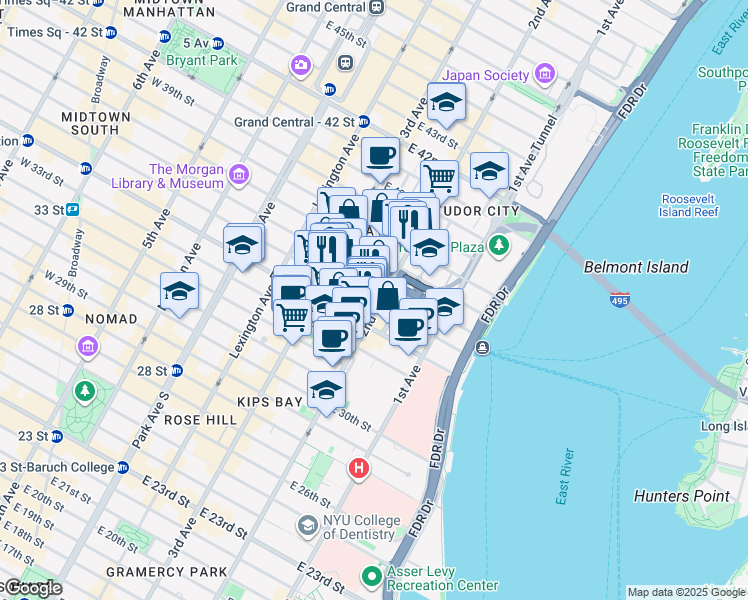 map of restaurants, bars, coffee shops, grocery stores, and more near 649 2nd Avenue in New York