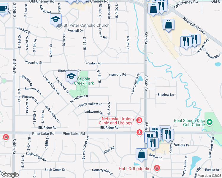 map of restaurants, bars, coffee shops, grocery stores, and more near 5120 Deer Creek Circle in Lincoln