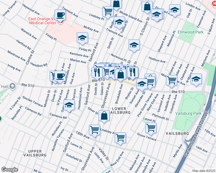 map of restaurants, bars, coffee shops, grocery stores, and more near 21 Stuyvesant Avenue in Newark