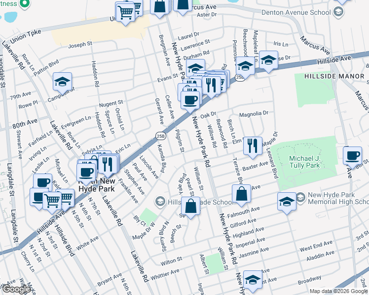 map of restaurants, bars, coffee shops, grocery stores, and more near 35 Plymouth Street in North New Hyde Park