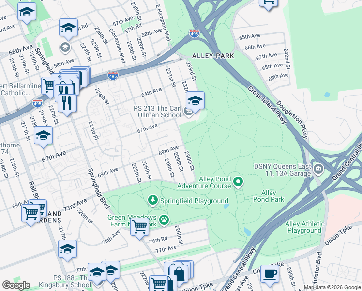 map of restaurants, bars, coffee shops, grocery stores, and more near 67-70 230th Street in Queens