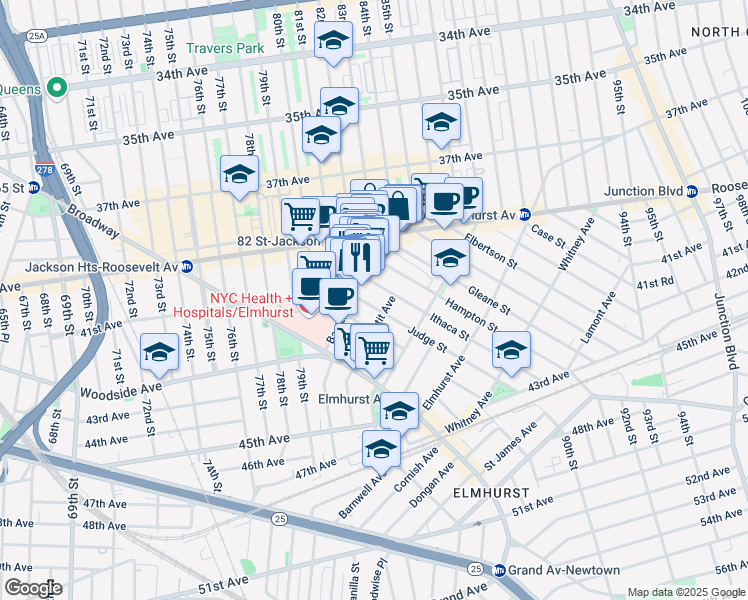map of restaurants, bars, coffee shops, grocery stores, and more near 40-30 Ithaca Street in Queens