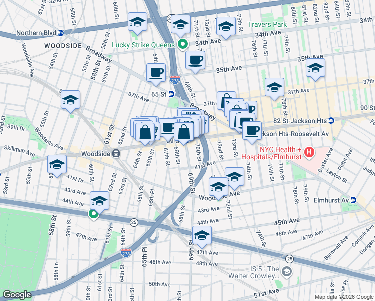 map of restaurants, bars, coffee shops, grocery stores, and more near 68-03 Roosevelt Avenue in Queens