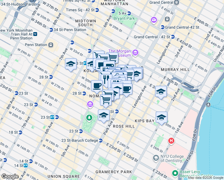 map of restaurants, bars, coffee shops, grocery stores, and more near 147 Madison Avenue in New York