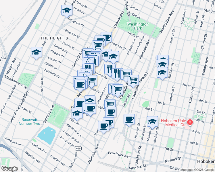 map of restaurants, bars, coffee shops, grocery stores, and more near 156 Sherman Avenue in Jersey City