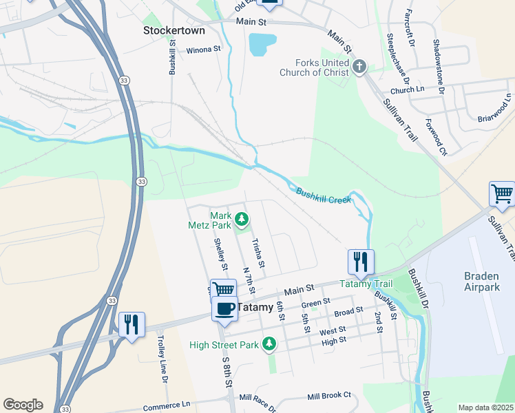 map of restaurants, bars, coffee shops, grocery stores, and more near 200 Messinger Street in Tatamy