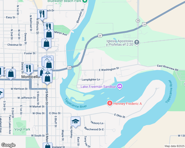 map of restaurants, bars, coffee shops, grocery stores, and more near 495 East Washington Street in Monticello