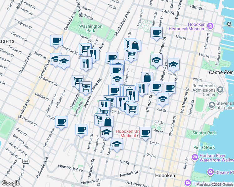 map of restaurants, bars, coffee shops, grocery stores, and more near 615 Monroe Street in Hoboken