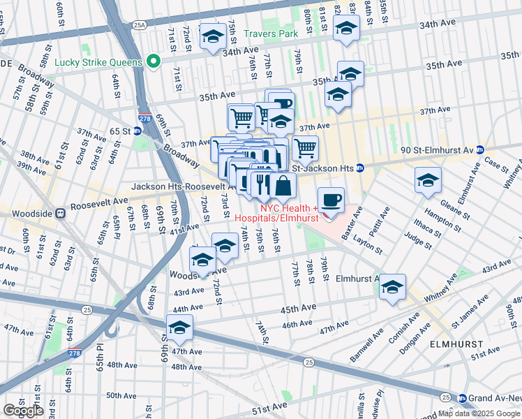 map of restaurants, bars, coffee shops, grocery stores, and more near in Queens