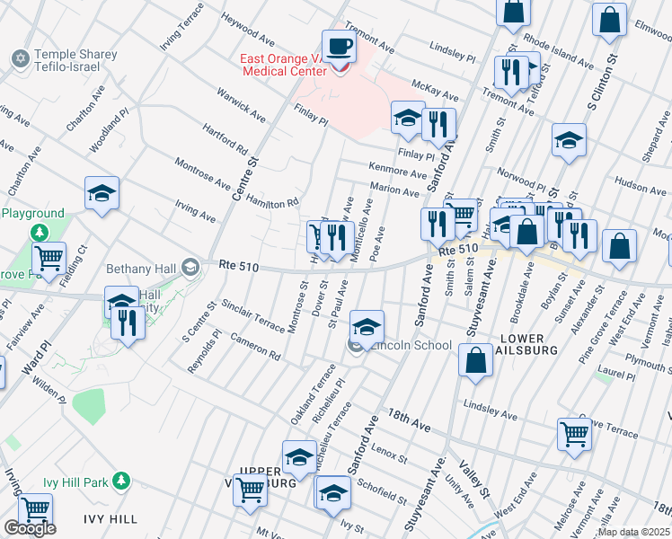 map of restaurants, bars, coffee shops, grocery stores, and more near 9 Longfellow Avenue in Newark