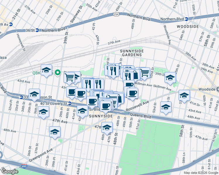 map of restaurants, bars, coffee shops, grocery stores, and more near 4120 46th Street in Queens