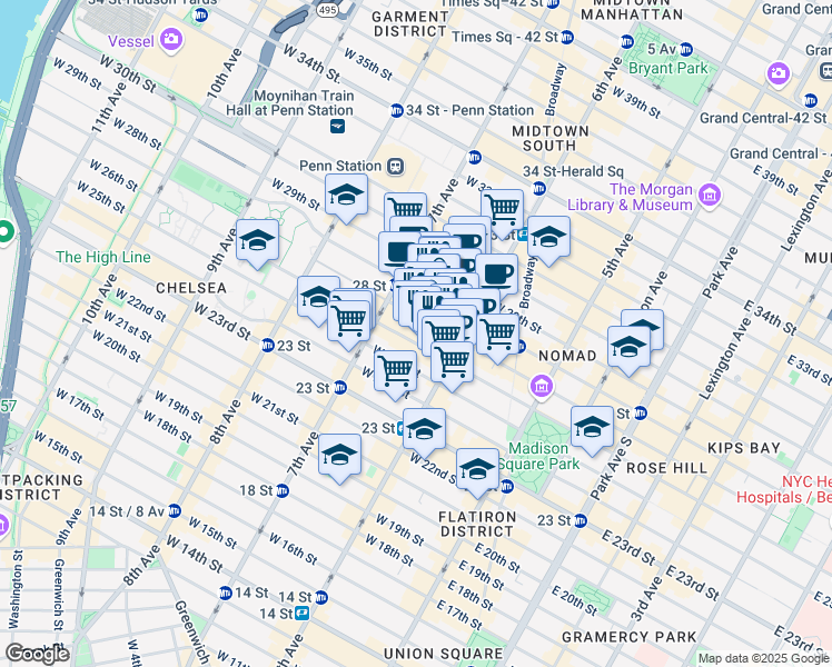 map of restaurants, bars, coffee shops, grocery stores, and more near 121 West 27th Street in New York