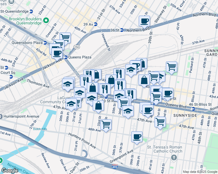 map of restaurants, bars, coffee shops, grocery stores, and more near 43-20 34th Street in Queens