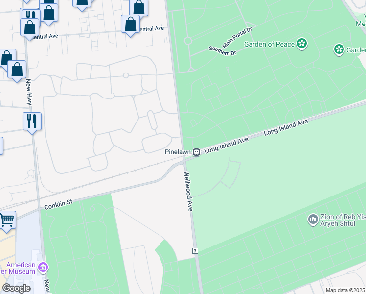 map of restaurants, bars, coffee shops, grocery stores, and more near Wellwood Avenue in Farmingdale