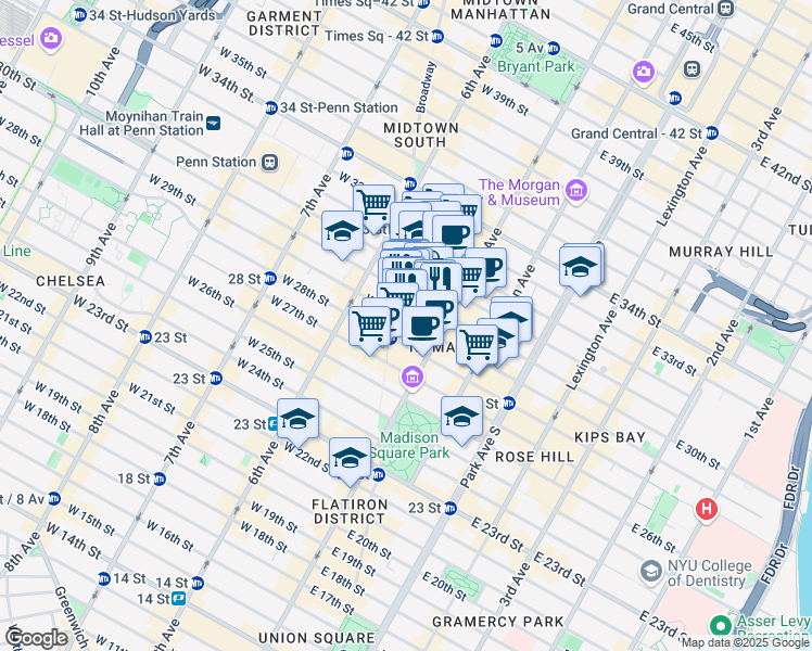 map of restaurants, bars, coffee shops, grocery stores, and more near 16 West 29th Street in New York