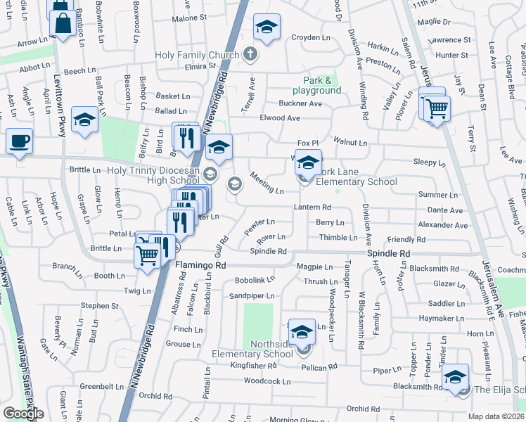 map of restaurants, bars, coffee shops, grocery stores, and more near 102 Lantern Road in Hicksville