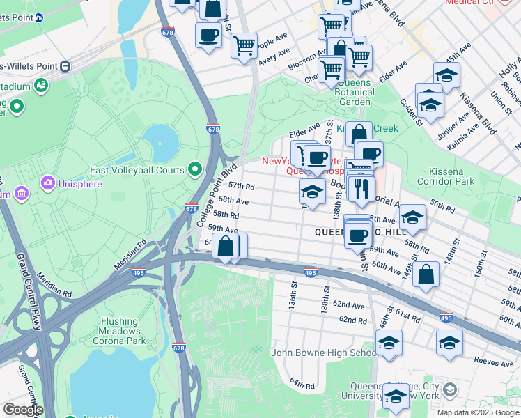 map of restaurants, bars, coffee shops, grocery stores, and more near in Queens