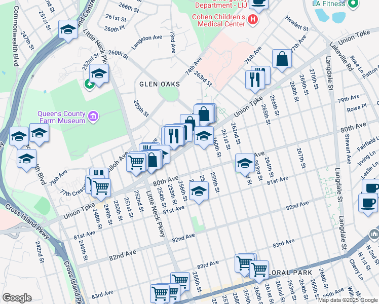 map of restaurants, bars, coffee shops, grocery stores, and more near 257-1 Union Turnpike in Queens