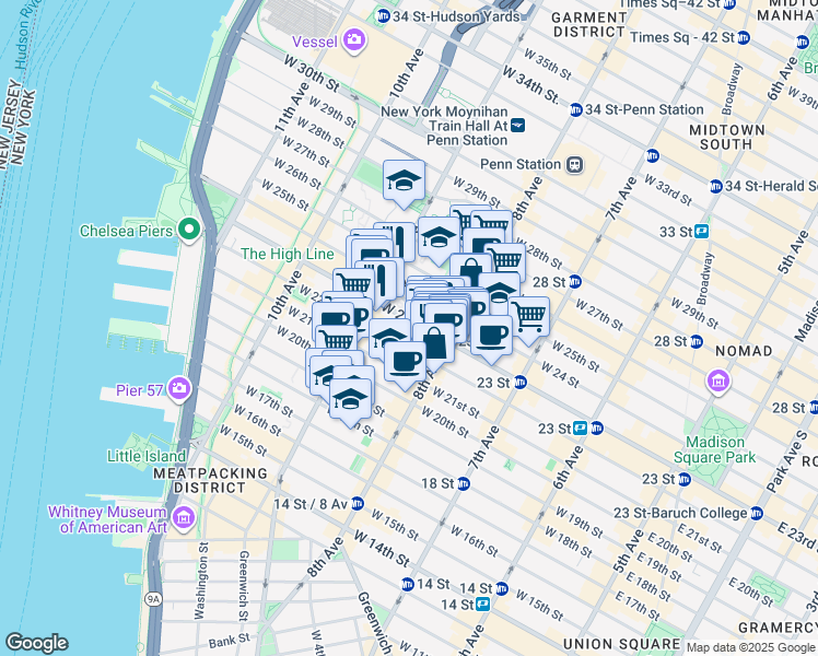 map of restaurants, bars, coffee shops, grocery stores, and more near 338 1/2 West 23rd Street in New York
