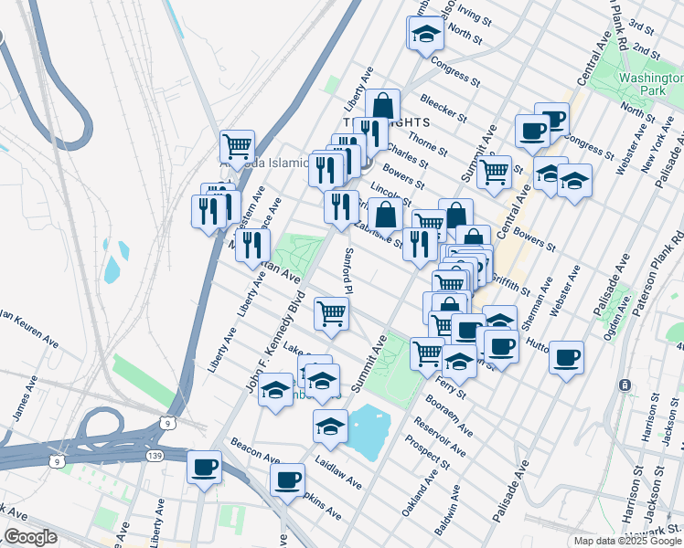 map of restaurants, bars, coffee shops, grocery stores, and more near 134 Sherman Place in Jersey City