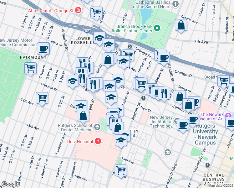 map of restaurants, bars, coffee shops, grocery stores, and more near 54-56 Morris Avenue in Newark
