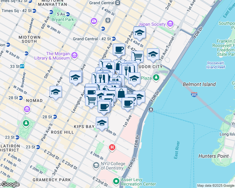 map of restaurants, bars, coffee shops, grocery stores, and more near 649 2nd Avenue in New York