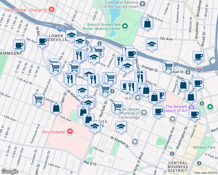 map of restaurants, bars, coffee shops, grocery stores, and more near 298 Central Avenue in Newark
