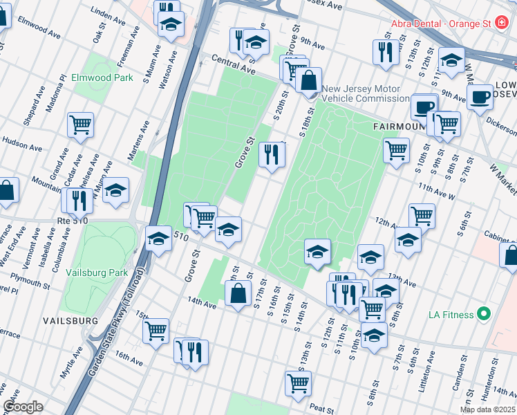 map of restaurants, bars, coffee shops, grocery stores, and more near 316 South 19th Street in Newark
