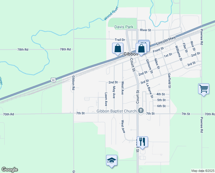 map of restaurants, bars, coffee shops, grocery stores, and more near 2nd Street in Gibbon