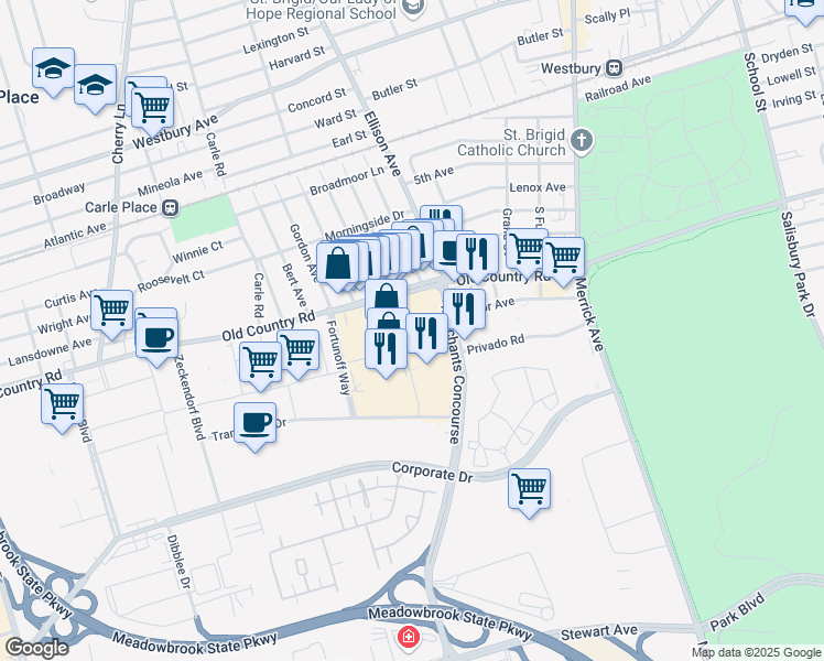 map of restaurants, bars, coffee shops, grocery stores, and more near 1504 Old Country Road in Westbury
