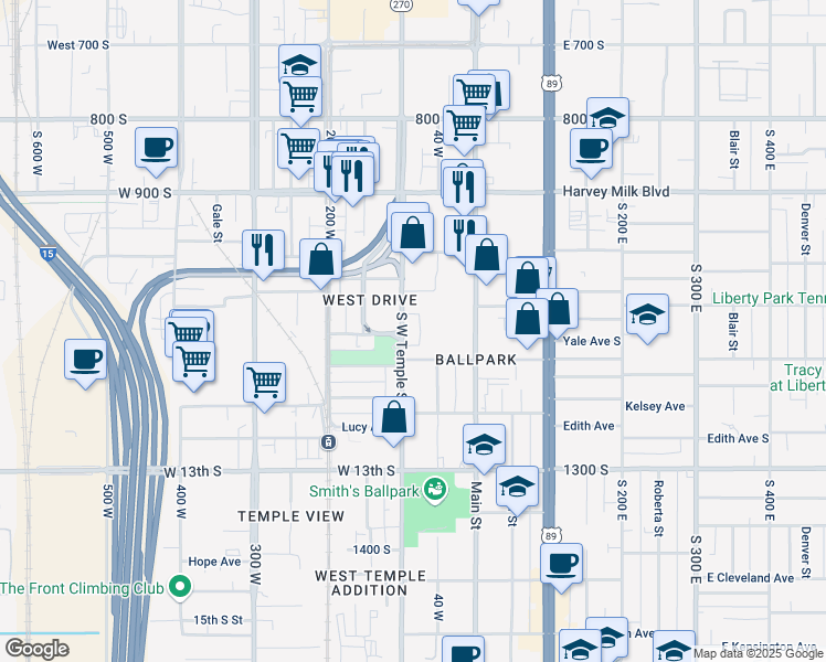 map of restaurants, bars, coffee shops, grocery stores, and more near 1058 South West Temple in Salt Lake City