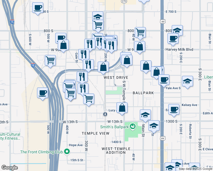 map of restaurants, bars, coffee shops, grocery stores, and more near 1050 South 200 West in Salt Lake City