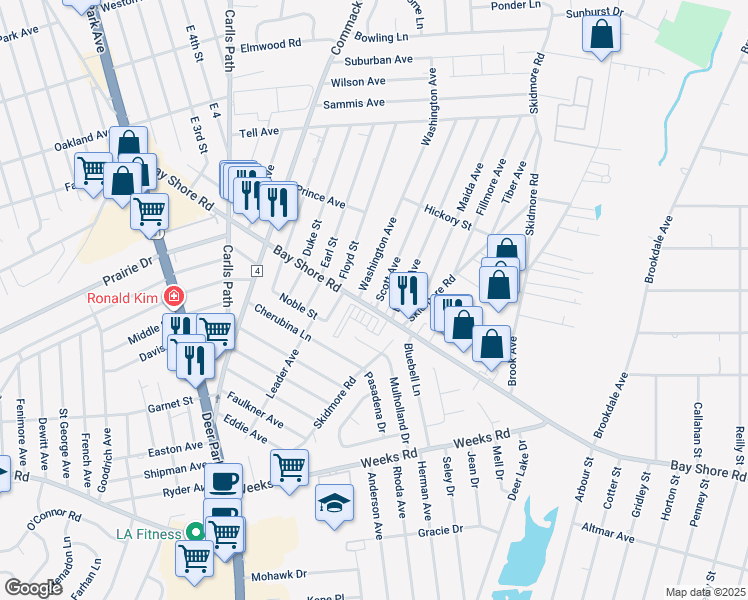 map of restaurants, bars, coffee shops, grocery stores, and more near 17 Scott Avenue in Deer Park