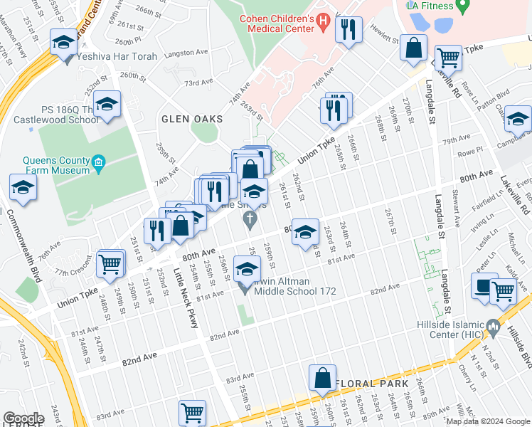 map of restaurants, bars, coffee shops, grocery stores, and more near 79-19 260th Street in Queens