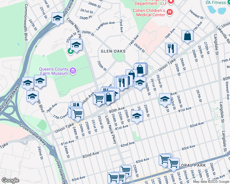 map of restaurants, bars, coffee shops, grocery stores, and more near 75-28 255th Street in Queens