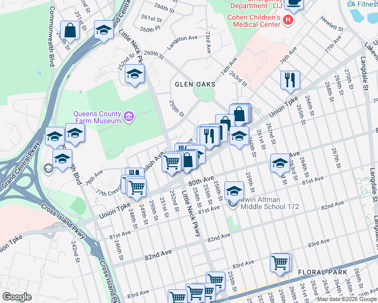 map of restaurants, bars, coffee shops, grocery stores, and more near 254-11 75th Avenue in Queens