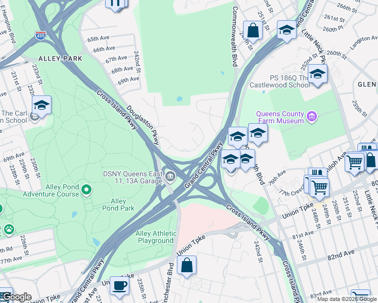 map of restaurants, bars, coffee shops, grocery stores, and more near 29 Oak Park Drive in Queens