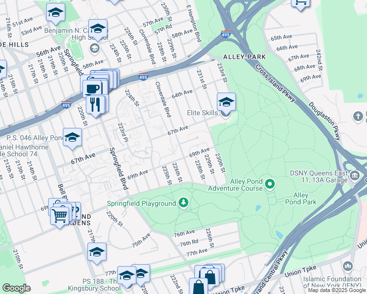 map of restaurants, bars, coffee shops, grocery stores, and more near 67-27 Cloverdale Boulevard in Queens