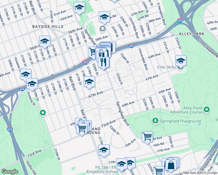 map of restaurants, bars, coffee shops, grocery stores, and more near 64-43 Springfield Boulevard in Queens