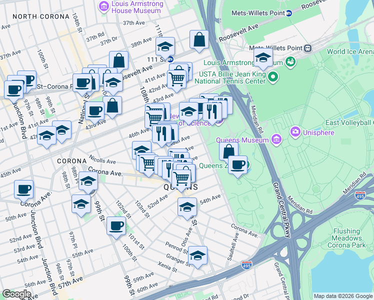 map of restaurants, bars, coffee shops, grocery stores, and more near 108-53 49th Avenue in Queens