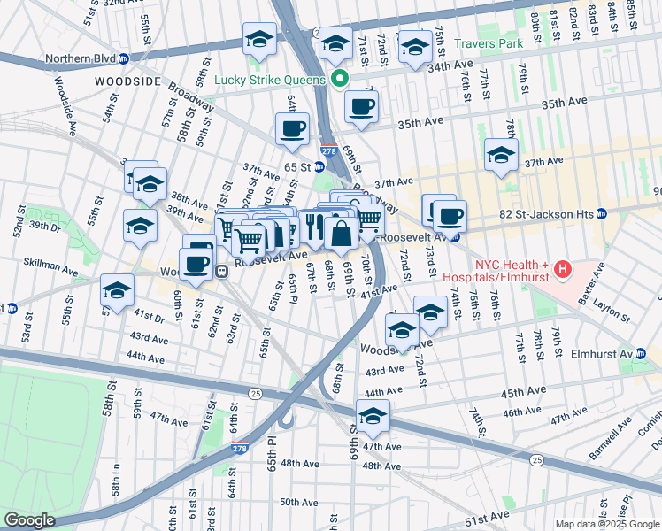 map of restaurants, bars, coffee shops, grocery stores, and more near 6527 Roosevelt Avenue in Queens