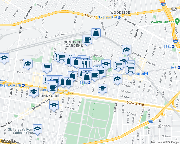 map of restaurants, bars, coffee shops, grocery stores, and more near 51-1 Skillman Avenue in Queens