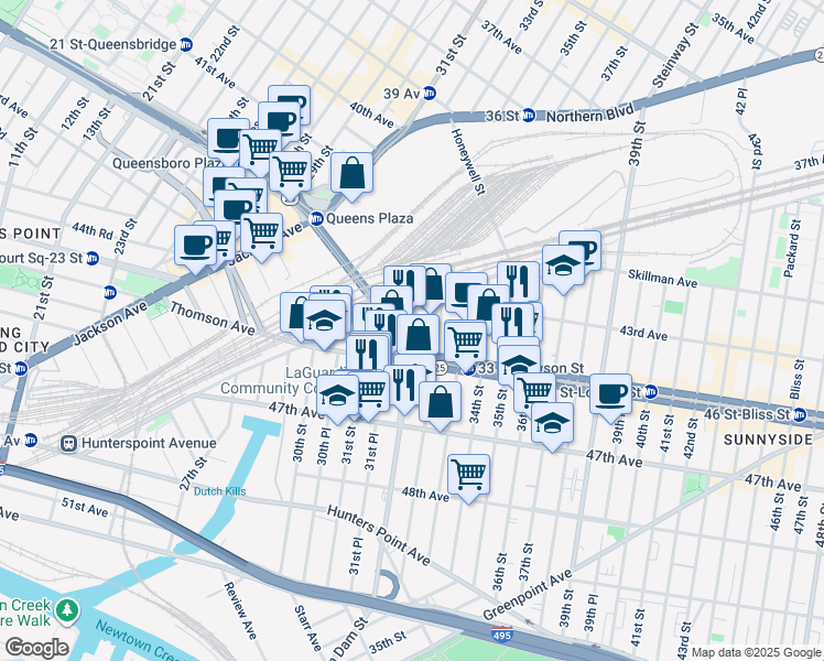 map of restaurants, bars, coffee shops, grocery stores, and more near 43-10 Van Dam Street in Queens