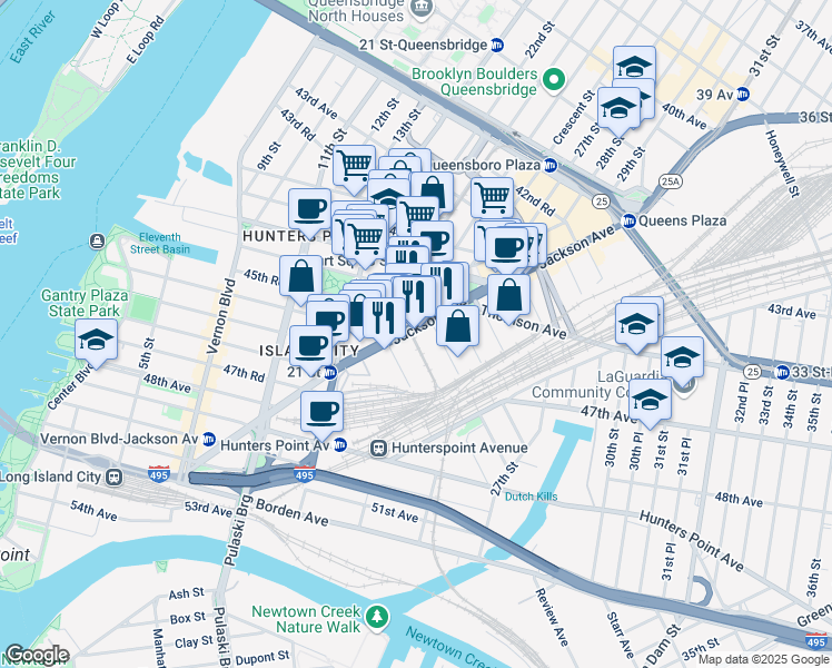 map of restaurants, bars, coffee shops, grocery stores, and more near in Queens