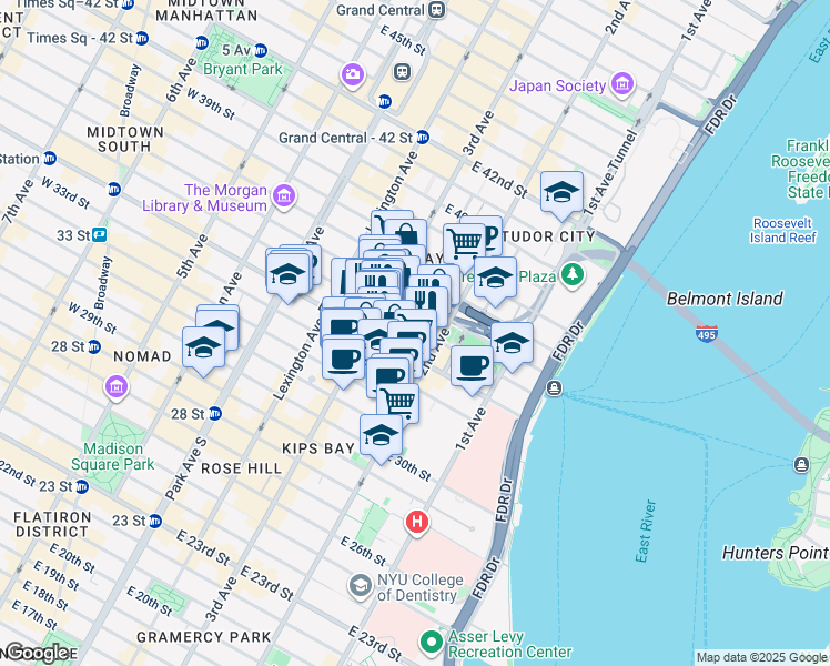 map of restaurants, bars, coffee shops, grocery stores, and more near 214 East 35th Street in New York