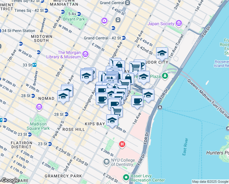 map of restaurants, bars, coffee shops, grocery stores, and more near 214 East 35th Street in New York
