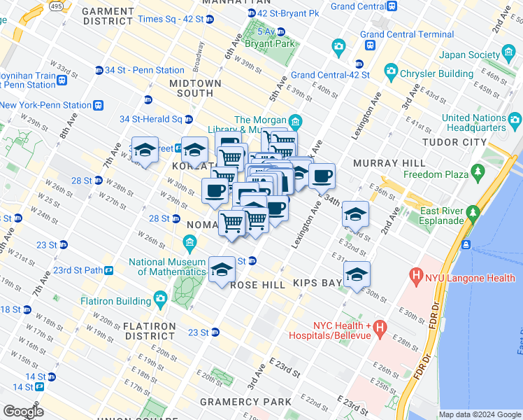 map of restaurants, bars, coffee shops, grocery stores, and more near 38 East 32nd Street in New York