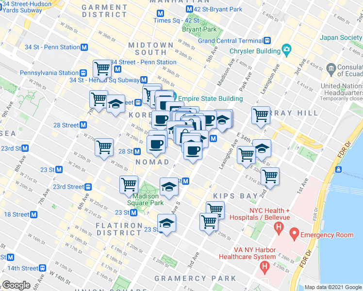 map of restaurants, bars, coffee shops, grocery stores, and more near 147 Madison Avenue in New York
